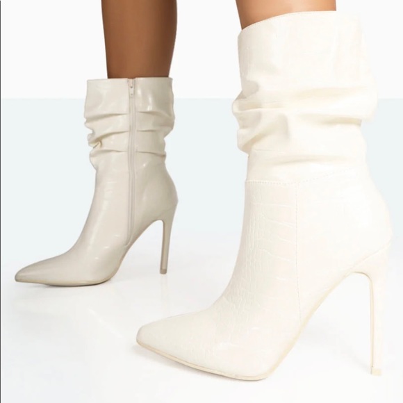 Public Desire ZURICH ECRU PATENT CROC STILETTO ANKLE POINTED HEELED BOOTS - Picture 3 of 3